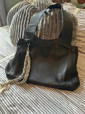 Lucky Brand Black Leather Shoulder Bag with Decorative Tassel